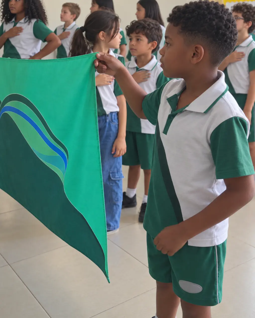 Alunos do CAST com a farda da escola durante momento cívico, um deles segurando a bandeira da escola