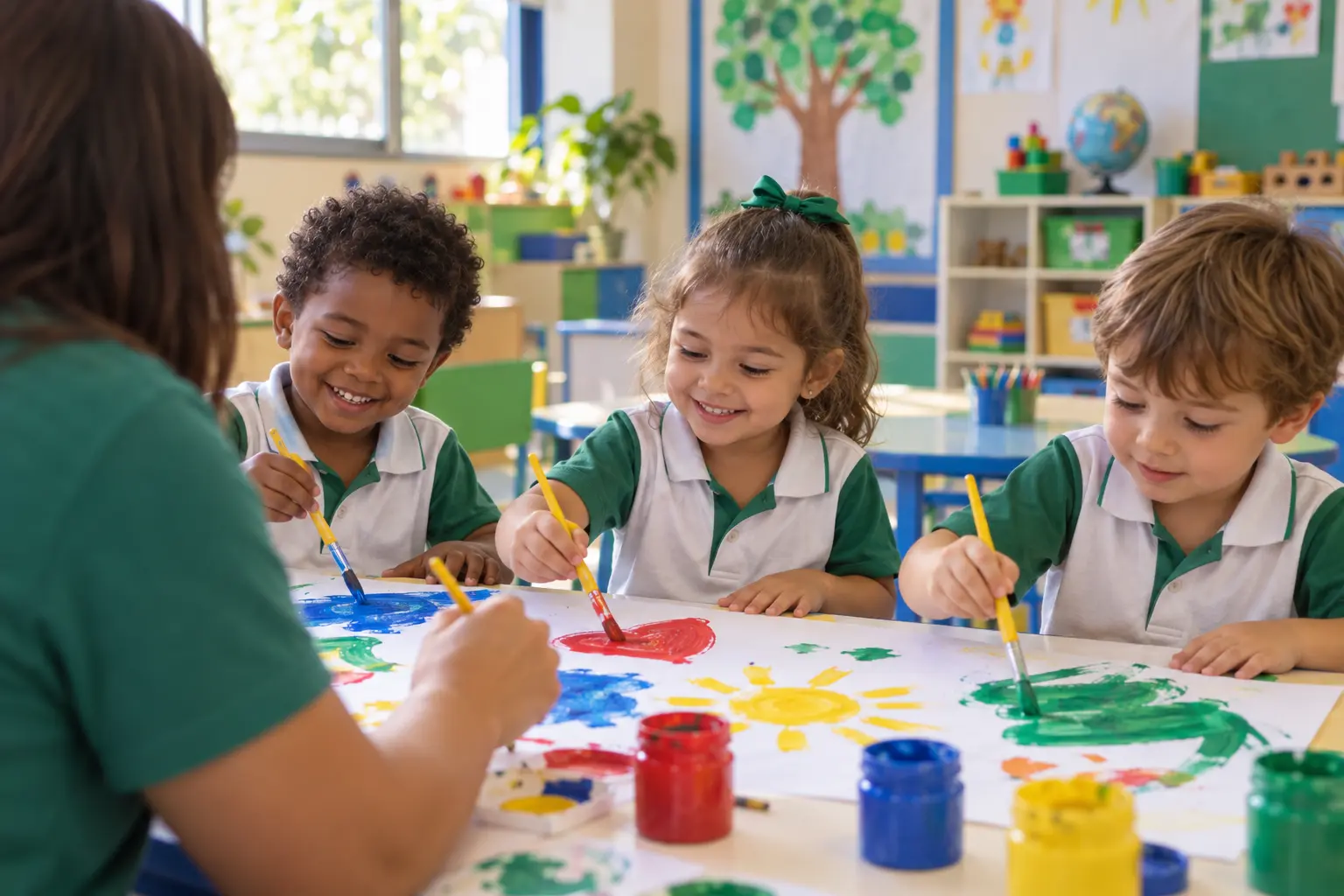 Crianças da Educação Infantil do CAST pintando com tinta guache